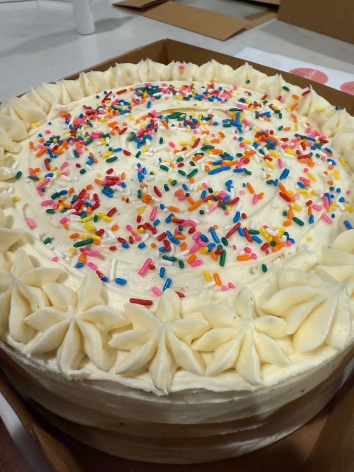 A frosted celebration cake with rainbow sprinkles