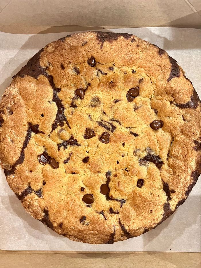 A chocolate chip cookie cake